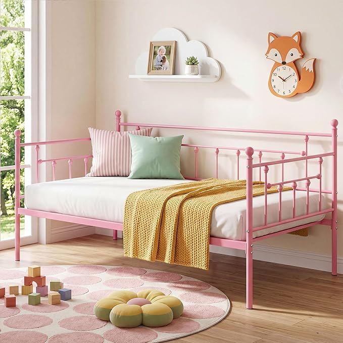 VECELO Daybed Frame, Twin Size Metal Platform Bed with Headboard,Heavy Duty Steel Slats Support for Living Room Bedroom Guest Room, Easy Assembly