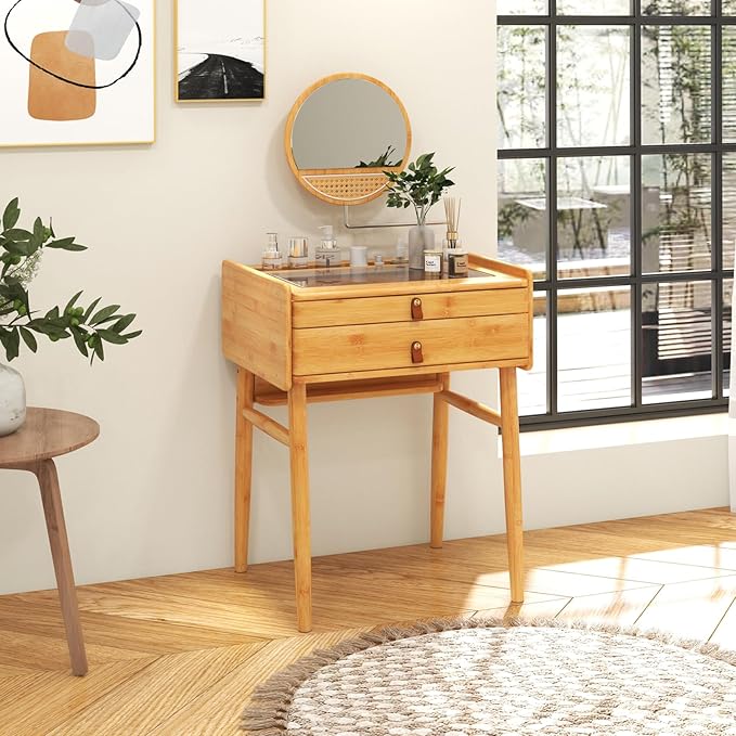CHARMAID Makeup Vanity Table with Stool, Bamboo Vanity Desk with Rotating Mirror, 2 Drawers, Deep Storage Alcove, Tempered Glass Tabletop, Girls Dressing Table for Small Space Bedroom