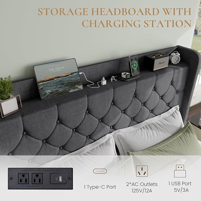 SHA CERLIN King Size Platform Bed Frame with Charging Station, Linen Wingback Headboard with Storage Shelf, Wooden Slats Support, Ample Under-Bed Space, No Box Spring Needed, Easy Assembly, Dark Grey