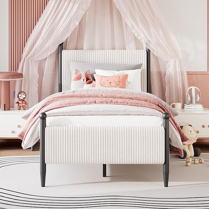 Garvee Twin Size Upholstered Bed Frame - with Velvet Headboard, Soft Corduroy Fabric Platform with Wooden Slats Support & Heavy Duty Feet, No Box Spring Needed, Noise Free, Easy Assembly, White