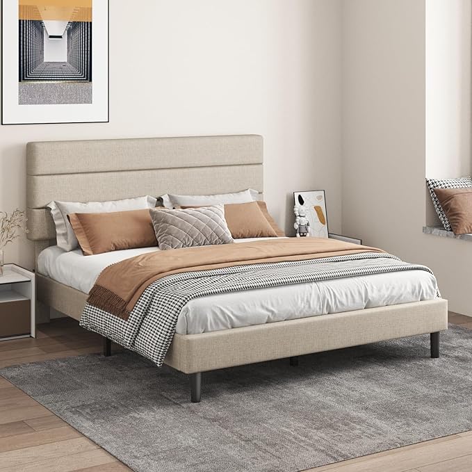 Queen Platform Bed Frame with Adjustable Linen Fabric Upholstered Headboard, Strong Slats Support, Noise-Free, No Box Spring Required, Easy Assembly for Bedroom Guest Room, Beige