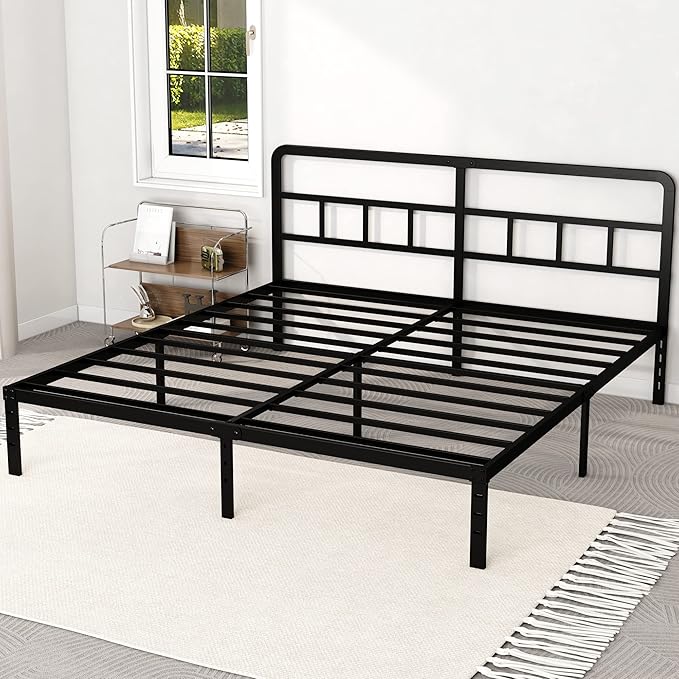 DiaOutro Metal Platform King Bed Frame with Headboard, 14 Inch No Box Spring Needed Heavy Duty Steel Slat Mattress Foundation/Easy Assembly/Noise Free/Black