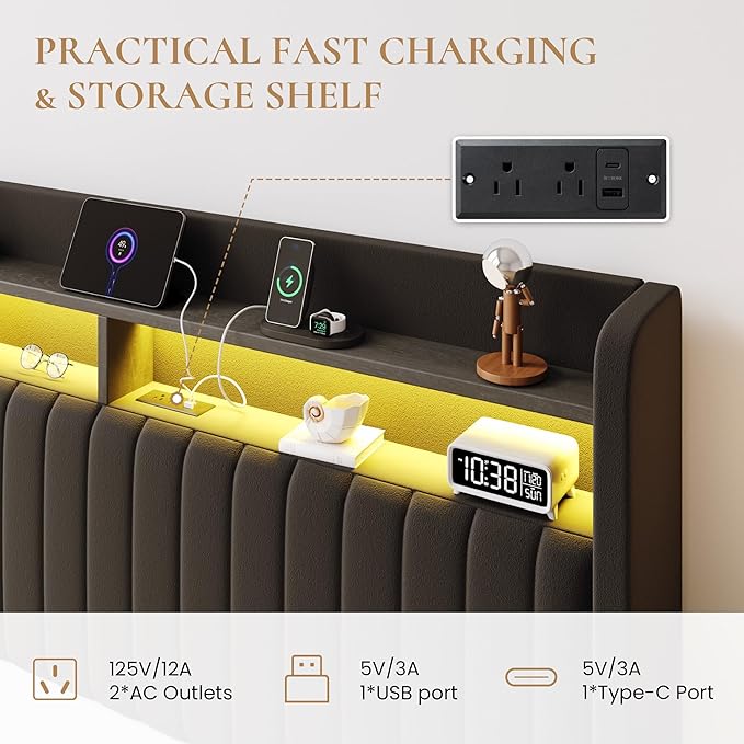 SHA CERLIN Queen Size Lift Up Storage Bed Frame/LED Lights/Charging Station/2-Tier Shelves Headboard/USB,Type-C Ports/Velvet Upholstered/Hydraulic Support/No Box Spring Needed/Noise Free/Black