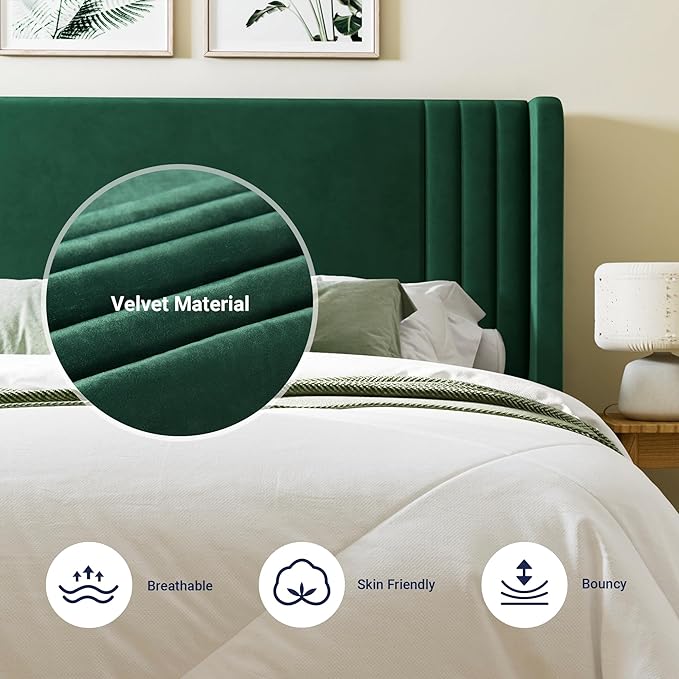 Allewie King Size Velvet Platform Bed Frame with Vertical Tufted Wingback Headboard, Easy Assembly, Under Bed Storage, No Box Spring Required, Modern Style, Green