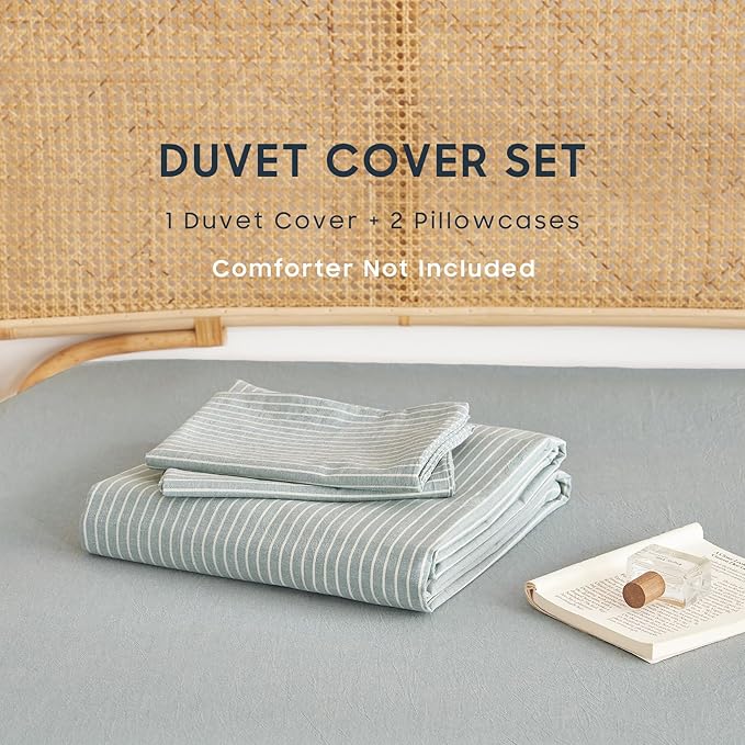Wake In Cloud - Striped Cotton Duvet Cover Set, 100% Washed Cotton Textured Percale Bedding Set, Ticking Stripe Pinstripe Farmhouse, 3 Pieces, Greyish Blue, Twin Size