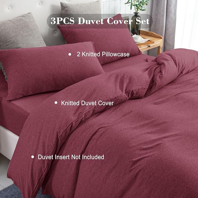 PURE ERA Jersey Knit Duvet Cover Set 100% T-Shirt Cotton Super Soft Comfy 3pc Bedding Set with Zipper Closure (Heather Burgundy Red, King)