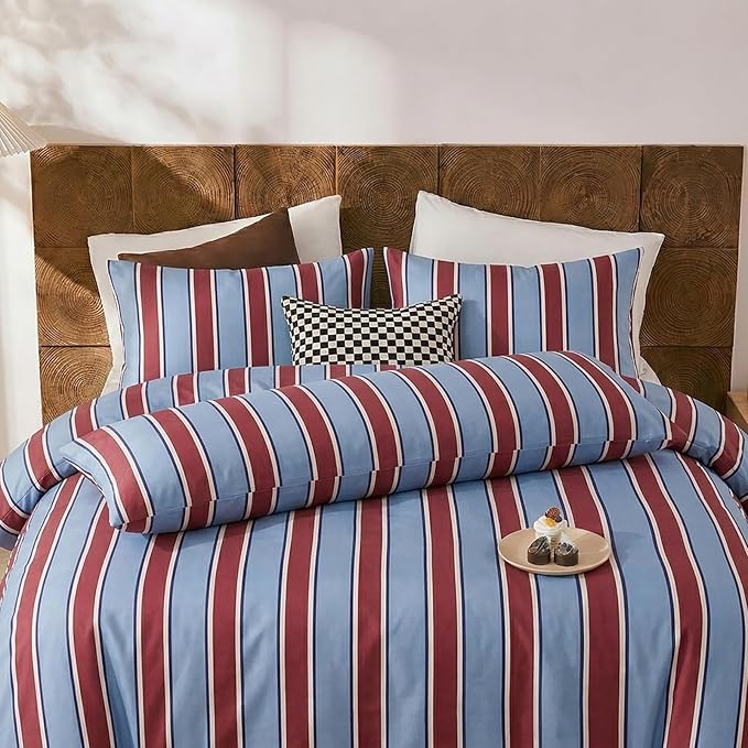 Merryword Burgundy and Blue Striped Pillowcases, 100% Cotton Pillow Cases, Queen Size Pillowcases, Luxury Linen Like Pillowcase, Soft Breathable Stripe Pillow Covers, Set of 2
