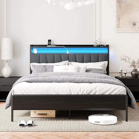 Shintenchi Queen Size Bed Frame with Headboard, Metal Queen Platform Bed Frames with Under-Bed Storage, 2-Tier Storage & Charging Station Headboard, LED Lights,No Box Spring Needed,Easy Assembly,Gray