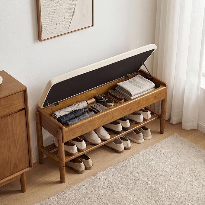 YEPDIN 2 Tier Shoe Rack Bench with Flip-Top Storage,39.3" Solid Wood Shoe Rack Bench with Chenille Cushion,for Entryway, Hallway,Living Room, Bedroom, Closet