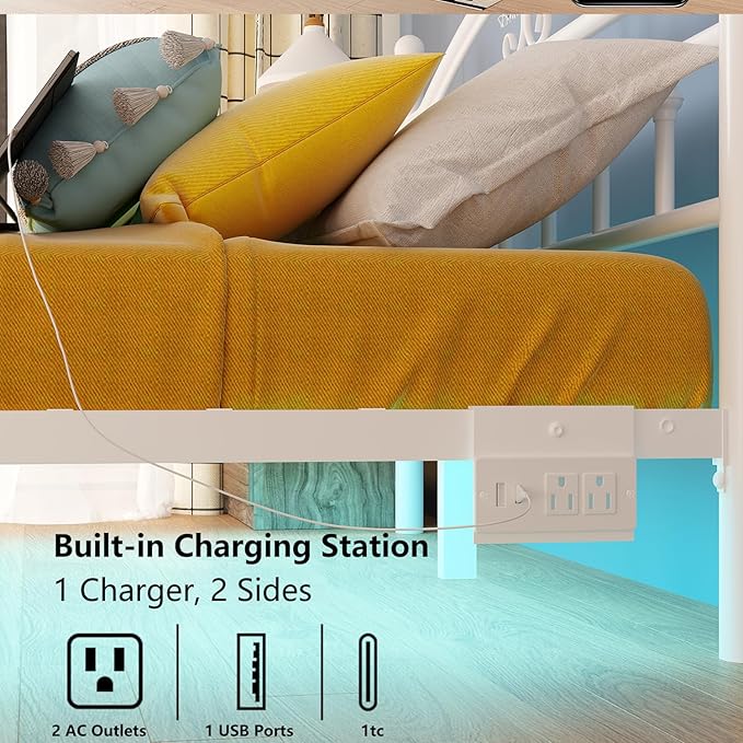 12 Inch Twin Size Bed Frames with Charging Station,White Metal Platform Bed Frame with LED Lights,Heavy Duty Metal Steel Slats Support,No Box Spring Needed,Noise Free,Easy to Assemble