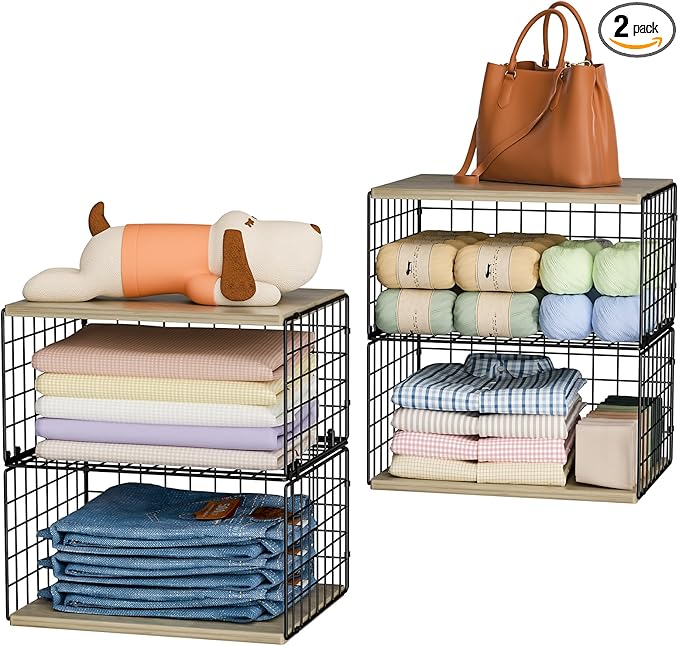 2 Pack Extra-Long, Low-Profile Closet Organizers and Storage with Wood Top, 4 Tier Stackable Closet Shelf Organizer, Space-Saving Clothes Storage Bin for Wardrobe & Small Spaces, Sturdy (Black)