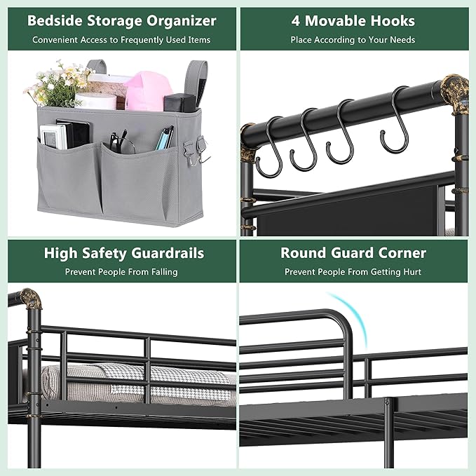 Jocoevol Metal LED Bunk Bed Twin Over Twin with 2 Storage Drawers, USB Charging Station, Industrial Bunkbeds Heavy Duty Bed with Safety Guardrail and Ladder, No Box Spring Needed, Black
