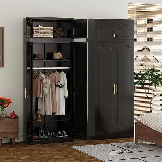 Metal Armoire Wardrobe Closet with Doors, 86" Tall Wardrobe Cabinet with Hanging Rod and Adjustable Shelves, Black Clothing Storage Cabinets for Bedroom, Home Office
