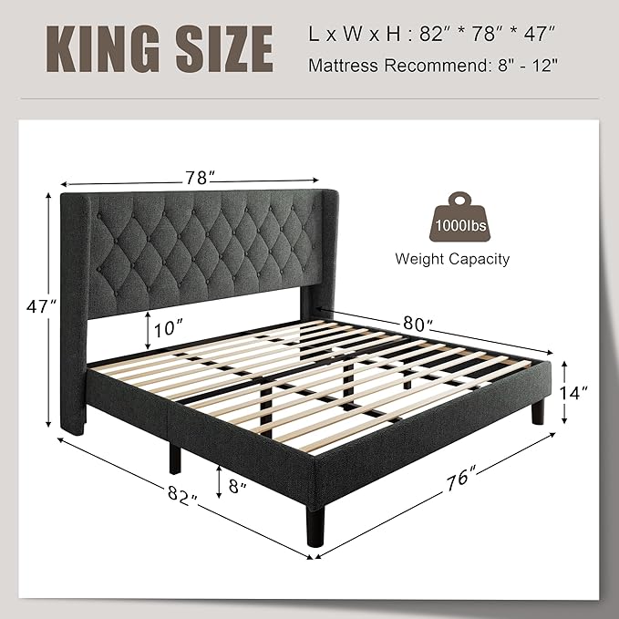 Einhomn King Size Platform Bed Frame with Upholstered Wingback Headboard, 12" Under Bed Space, Wooden & Metal Slats Support, No Box Spring Needed, Black