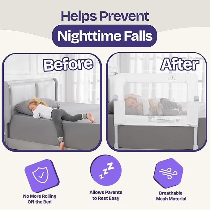 ComfyBumpy Premium Adjustable Bed Rail for Toddlers, Swing-Down Safety Guard, Height Adjusts 24.4"–32.3" H, 35.5" Regular Length, Sturdy Steel & Breathable Mesh, for Twin, Full & Queen, White, 1-Pack