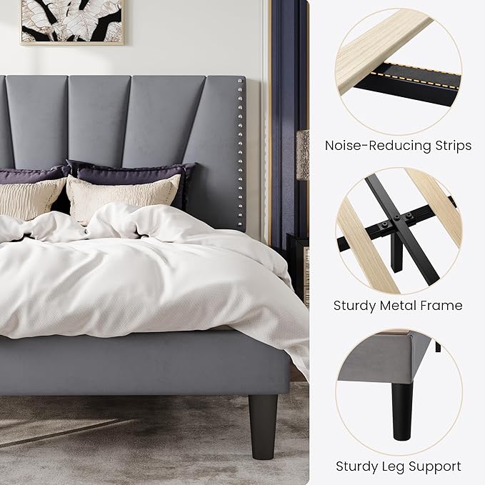 SHA CERLIN Full Size Bed Frame with Adjustable Upholstered Velvet Rivets Headboard, Sturdy Wooden Slats, Strong Platform Support for Mattress, No Box Spring Needed, Easy Assembly, Grey