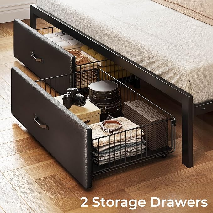 Rolanstar Bed Frame Full Size with Drawers and Charging Station, Upholstered Platform Bed with Storage Headboard and LED Light, Heavy Duty Metal Frame Support, No Box Spring Needed, Noise Free, Black