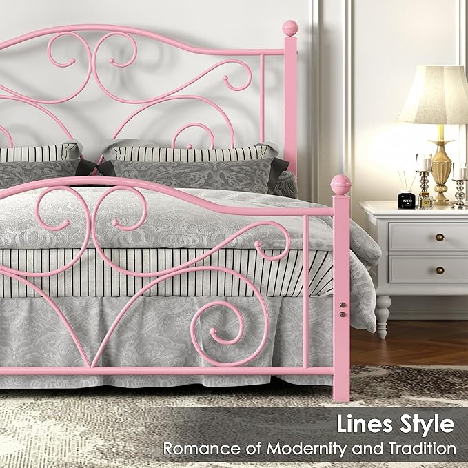 VECELO Full Size Bed Frame with Headboard and Footboard, Heavy Duty Metal Slat Support, Platform Mattress Foundation, No Box Spring Needed, Easy Assembly, Light&Pink