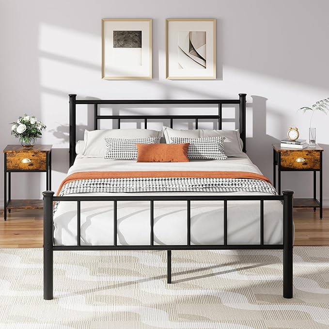 Shintenchi Full Size Metal Platform Bed Frame with Headboard & Footboard, Steel Slat Mattress Foundation, Under Bed Storage, Noise-Free, No Box Spring Needed, Black Square