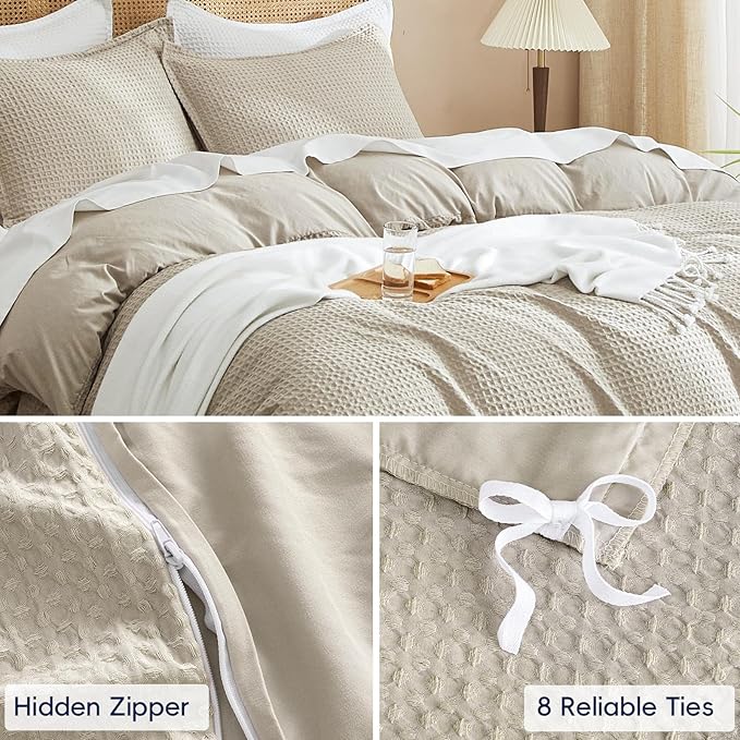 PHF Waffle Weave Duvet Cover Set Queen Size, No Snagging Ultra Soft Luxury Textured Breathable Comforter Cover for All Season 3pcs, Durable Bedding Duvet Set with 2 Pillow Shams, 90"x90", Linen
