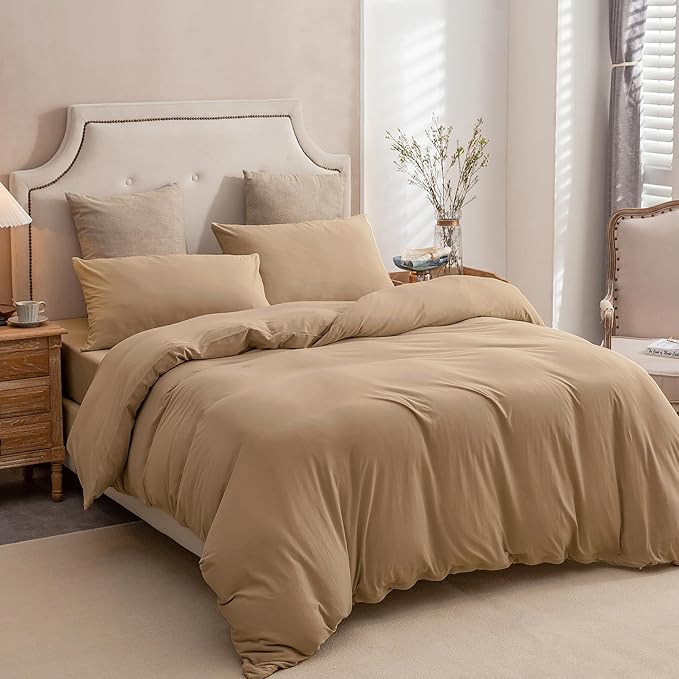 PURE ERA Jersey Knit Duvet Cover Set 100% T-Shirt Cotton Super Soft Comfy 2pc Bedding Set with Zipper Closure (Solid Toffee Brown, Twin)