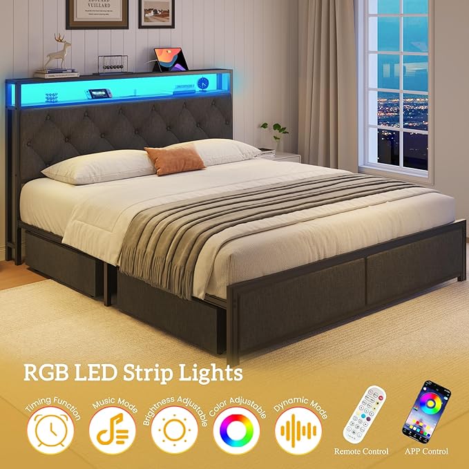 Fluest Queen Bed Frame with 4 Drawers, Upholstered Headboard with Storage, Fast Charging Station, LED Lights, Bed Frame Queen Size with Fabric Drawers, No Box Spring Needed, Easy Assembly, Grey