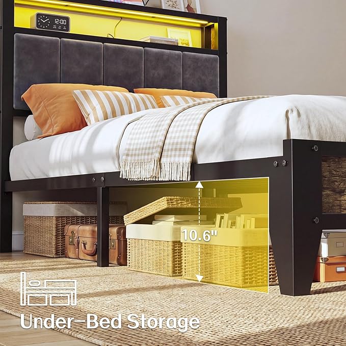 OLEVS Twin Bed Frame with LED Light Storage Headboard and Charging Station Type C, Metal Platform Bed Twin Size,No Box Spring Needed, Noise Free, Easy Assembly