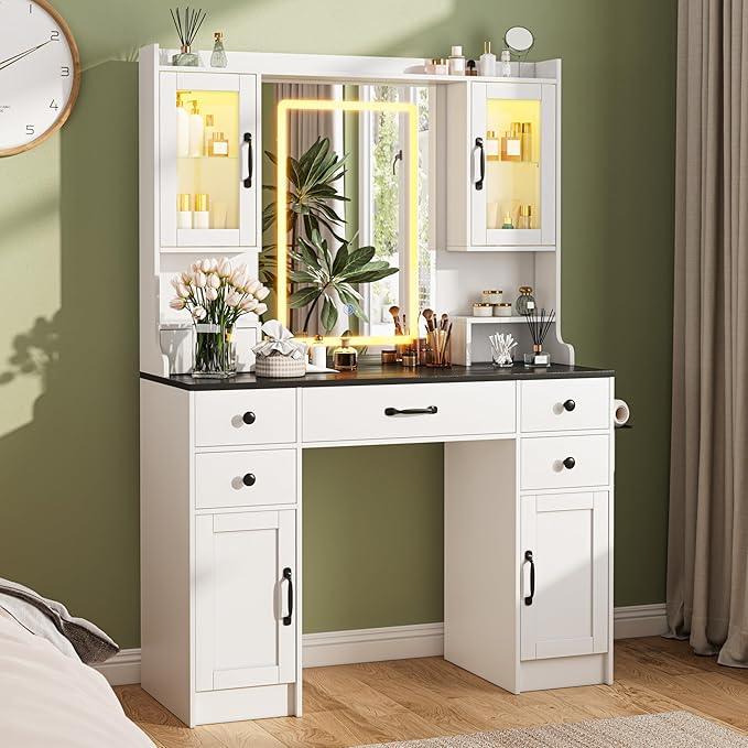 KAMABOKO Vanity Desk with LED Lights and Mirror, Large Makeup Vanity Table Set with 6 Drawers & 4 Cabinets & Power Outlet, 3 LED Lights Modes Adjustable