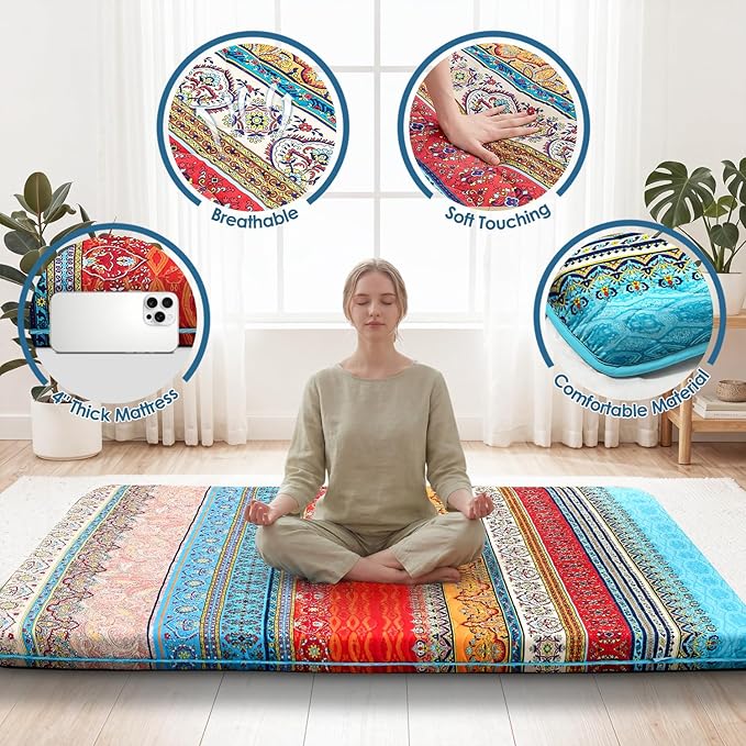 SCHNAUZER HOME Bohemian Japanese Floor Mattress, 3.5" Thicken Boho Floral Pattern Portable Futon Mattress, 100% High-Density Foam Tatami Mat Sleeping Pad for Camping Guest Room Dormitory RV, Twin