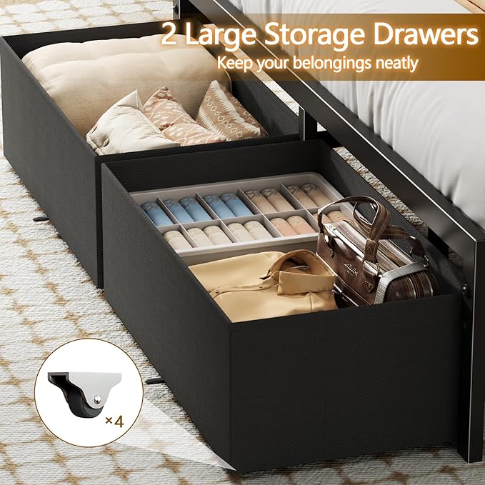 Furnulem Full Size Bed Frame with Headboard Storage, Platform Bed Frame Full Size with 2 Drawers, Charging Station and LED Lights, No Box Spring Needed, Noise Free, Easy Assembly (800 lbs Capacity)