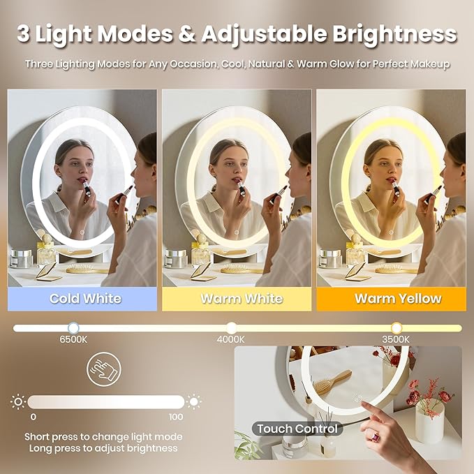 Pamapic Small Makeup Vanity Desk with Mirror and Lights, Girls Vanity with Cushioned Stool, 3 Lighting Modes Dressing Table, Compact Make Up Table with Drawers Bedroom, Natural Oak