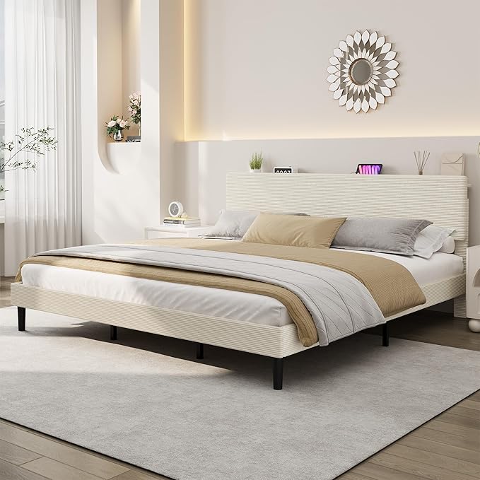 IDEALHOUSE King Size Bed Frame, Platform Bed with Adjustable Corduroy Upholstered Storage Headboard and Charging Station, Sturdy Metal Support, Noise Free, Easy Assembly, Beige