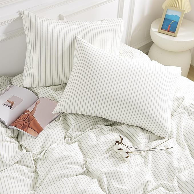 NEXHOME PRO Striped Duvet Cover Twin Size,100% Washed Cotton Bedding Set,Textured Linen Feel,Breathable,Organic,2 Piece(Green Stripes 68x90)