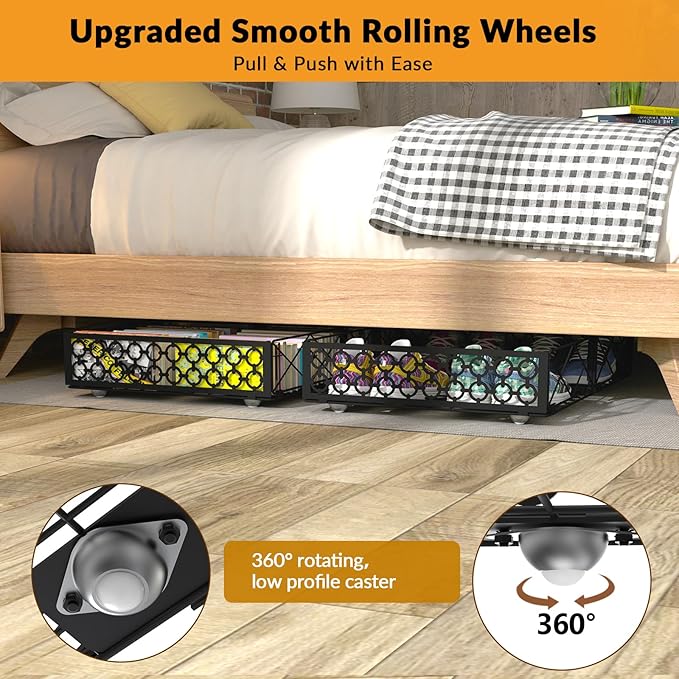 NADAMOO 5.4 in Low Profile Under Bed Storage, 36.6" Ultra Long Metal Underbed Organizer with 6 Smooth Rolling Wheels, 110 lbs Heavy Duty Foldable Under Bed Container for Shoes, Clothes, Toys, 2 Packs
