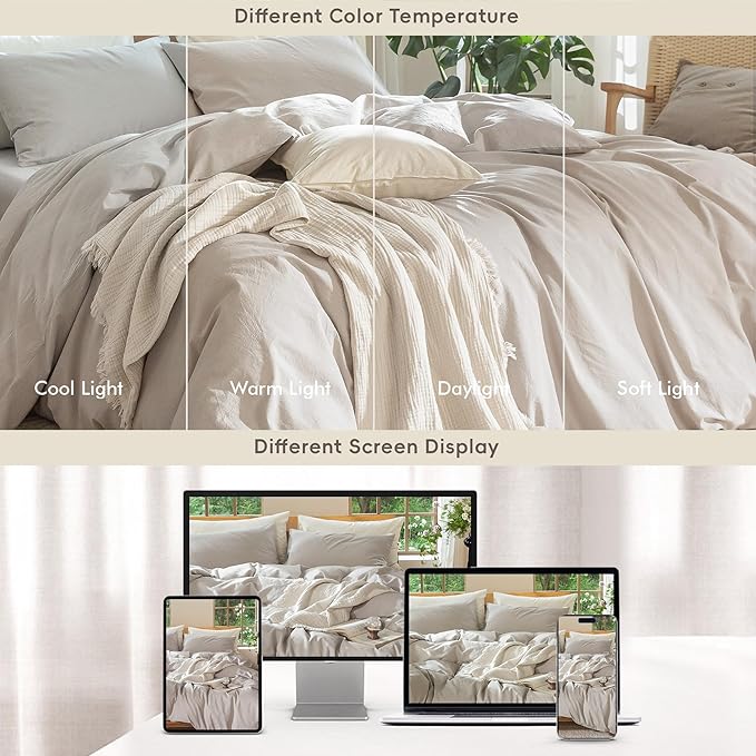 MooMee Bedding Duvet Cover Set 100% Washed Cotton Linen Like Textured Breathable Durable Soft Comfy (Heathered Cream Grey, Full 80"x90")