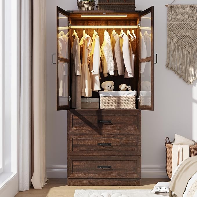 75" Tall Farmhouse 2 Doors Armoire Wardrobe Closet with 3 Drawers and LED,Freestanding Closet Wardrobe Cabinet for Bedroom with Hanging Rod,Wooden Armoire Storage Cabinet with Adjustable shelve(Brown)
