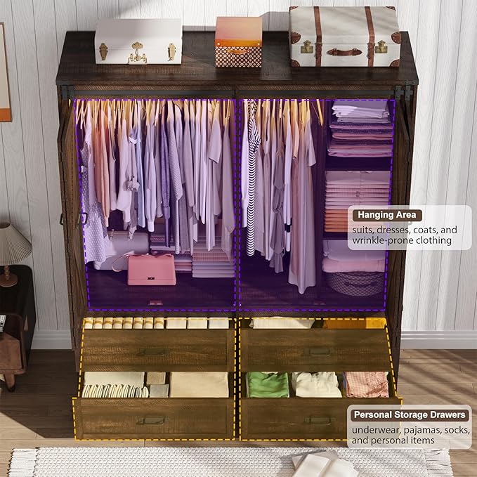 Farmhouse 4 Doors Armoire Wardrobe Closet w/Folding Sliding Barn Door and Lights, LED Armoire Closet w/Drawers for Bedroom, Freestanding Wooden Wardrobe Storage Closets w/Hanging Rod,Rustic Brown