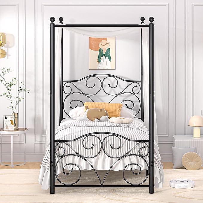 VECELO Metal Canopy Bed Frame Twin Size, 4 Posters Platform Mattress Foundation with Headboard, Heavy Duty Steel Slats Support, No Box Spring Needed, Black