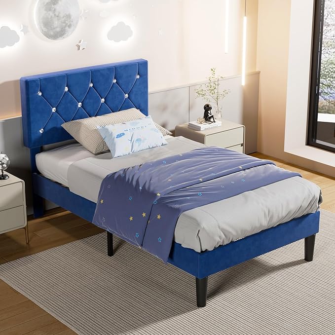 VECELO Twin Size Bed Frame, Upholstered Platform with Adjustable Diamond Tufted Headboard, Wood Slat Support, No Box Spring Needed, Navy Blue