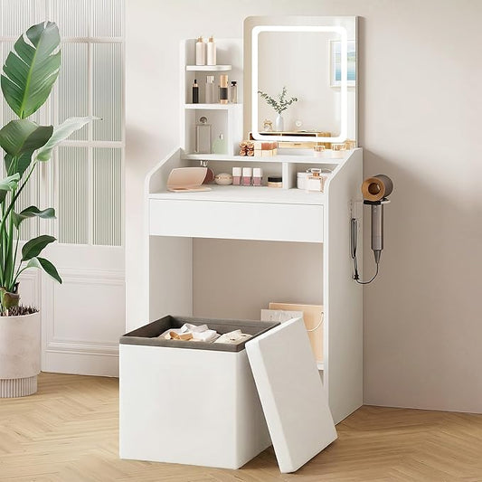 LIVELYGLOW Small Vanity Set with Lighted Mirror & Power Station, 24" Modern White Makeup Desk with Storage Stool, HairDryer Rack, Smart LED 3-Color Lighting, Compact Dressing Vanity for Bedroom