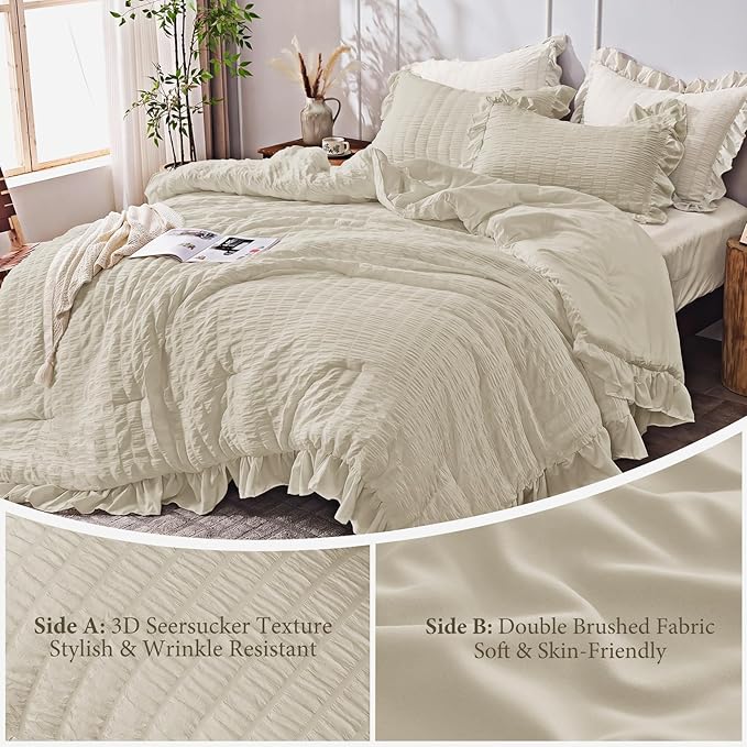 JOLLYVOGUE Full Size Comforter, 3 Pieces Linen Seersucker Lightweight Full Size Bedding, All Season Fluffy Microfiber Bedding Comforter Set with 1 Ruffle Comforter and 2 Ruffle Pillowshams