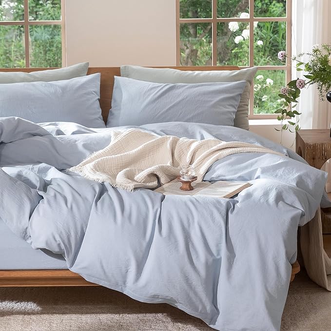 MooMee Bedding Duvet Cover Set 100% Washed Cotton Linen Like Textured Breathable Durable Soft Comfy (Heathered Cornflower Blue, Oversized Full 82"x86")