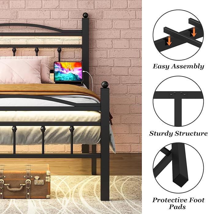 Jenmit Twin Bed Frames with Headboard, LED Bed Frame with Charging Station, Metal Platform, Under-Bed Storage, No Box Spring Needed, Noise Free, Easy Assembly, Black