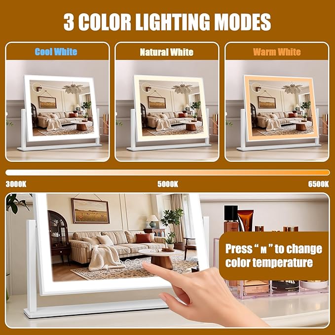 Vanity Mirror with Lights 16.7"x14", LED Makeup Mirror, 3 Color Lighting Modes, 10X Magnification, Smart Touch Control, Dimmable, Aluminum Metal Frame, Lighted Up for Vanity Desk (White)