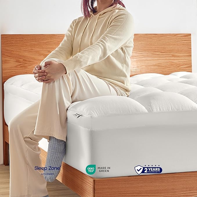 SLEEP ZONE Mattress Topper Twin Size, Extra Thick Fitted Mattress Pad for Back Pain, Plush and Support Mattress Cover, Deep Pockets Mattress Protector, Hotel Quality (White, Twin)