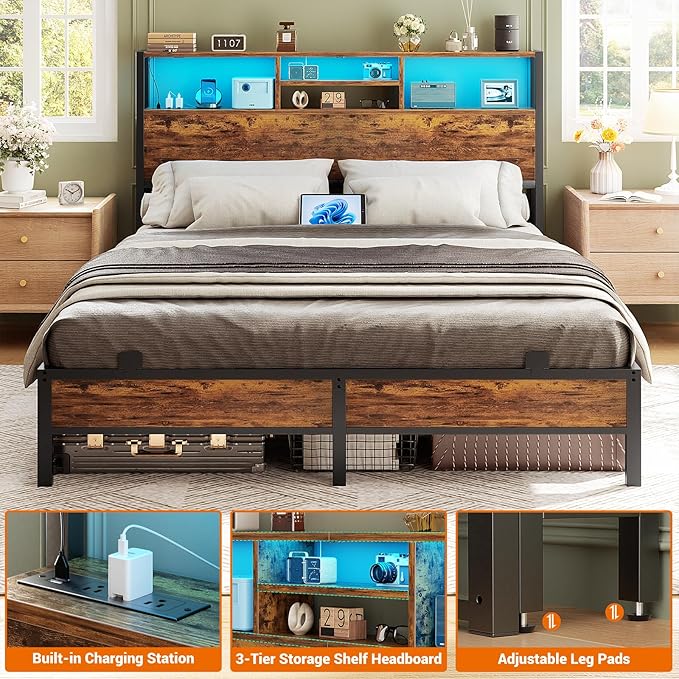 Aheaplus Headboard for Full Size Bed with Storage, Headboards with Outlets, USB Ports and LED Light, Full Size Head Board, Height Adjustable, Reversible, Sturdy and Stable Headboard, Rustic Brown