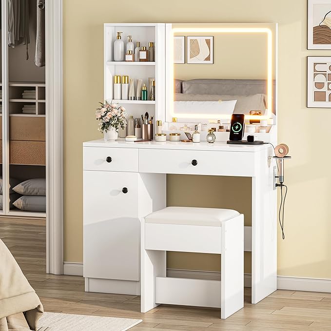 KAMABOKO Vanity Desk with Lighted and Mirror, White Makeup Table with Drawers and Charging Station, 3 Model Adjustable for Bedroom & Dressing Room (007 White)