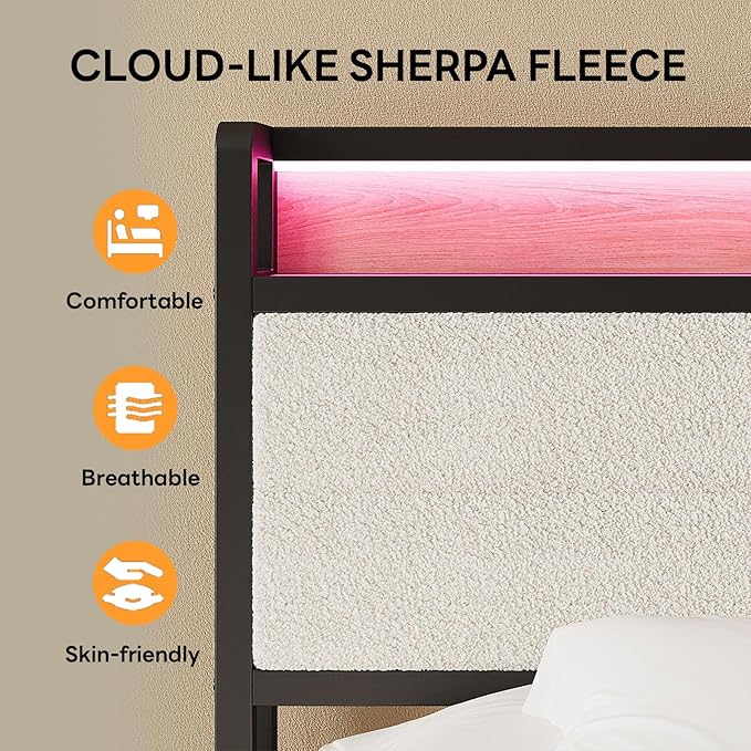 LIKIMIO Queen Bed Frame with Storage Headboard and LED Lights, Metal Platform Bed with Charging Station, Noise Free, No Box Spring Needed, Under Bed Storage, Natural and Cream