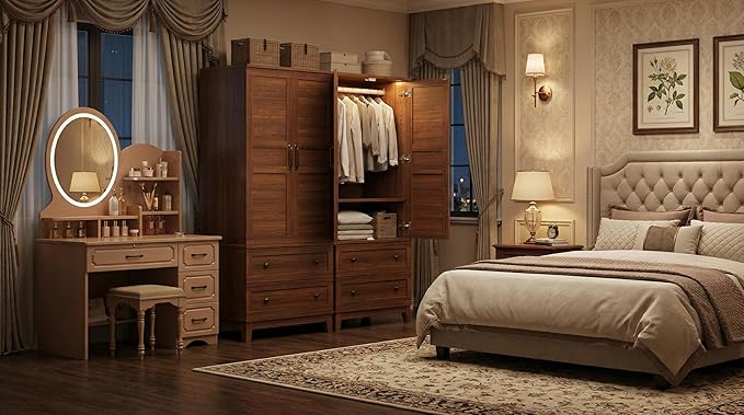 IDEALHOUSE 72" Armoire Wardrobe Closet with 2 Drawers, Heavy Duty Wooden Clothing Storage Cabinet with Hanging Rod and Adjustable Shelves, Large Bedroom Armoire with Doors, Walnut
