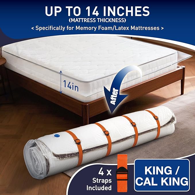 Mattress Vacuum Storage Bag for Memory Foam, Latex and Hybrid Mattress, Easy Moving and Storage (King/Cal King Size)